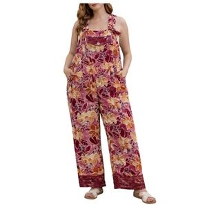 Vintage Boho Floral Overalls LARGE Pink Wide Leg 90s Festival Hippie Maximalist